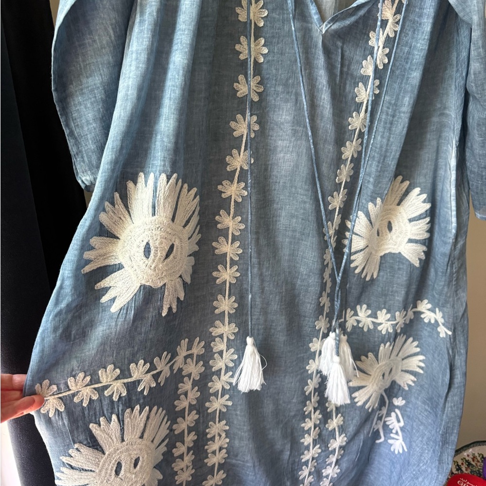 Blue Tunic / cover up with White Embroidery
